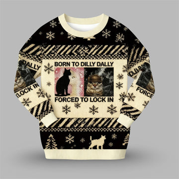 2026 Christmas Born to Dilly Dally Funny Cat Meme Ugly Sweater - Moonbestprint