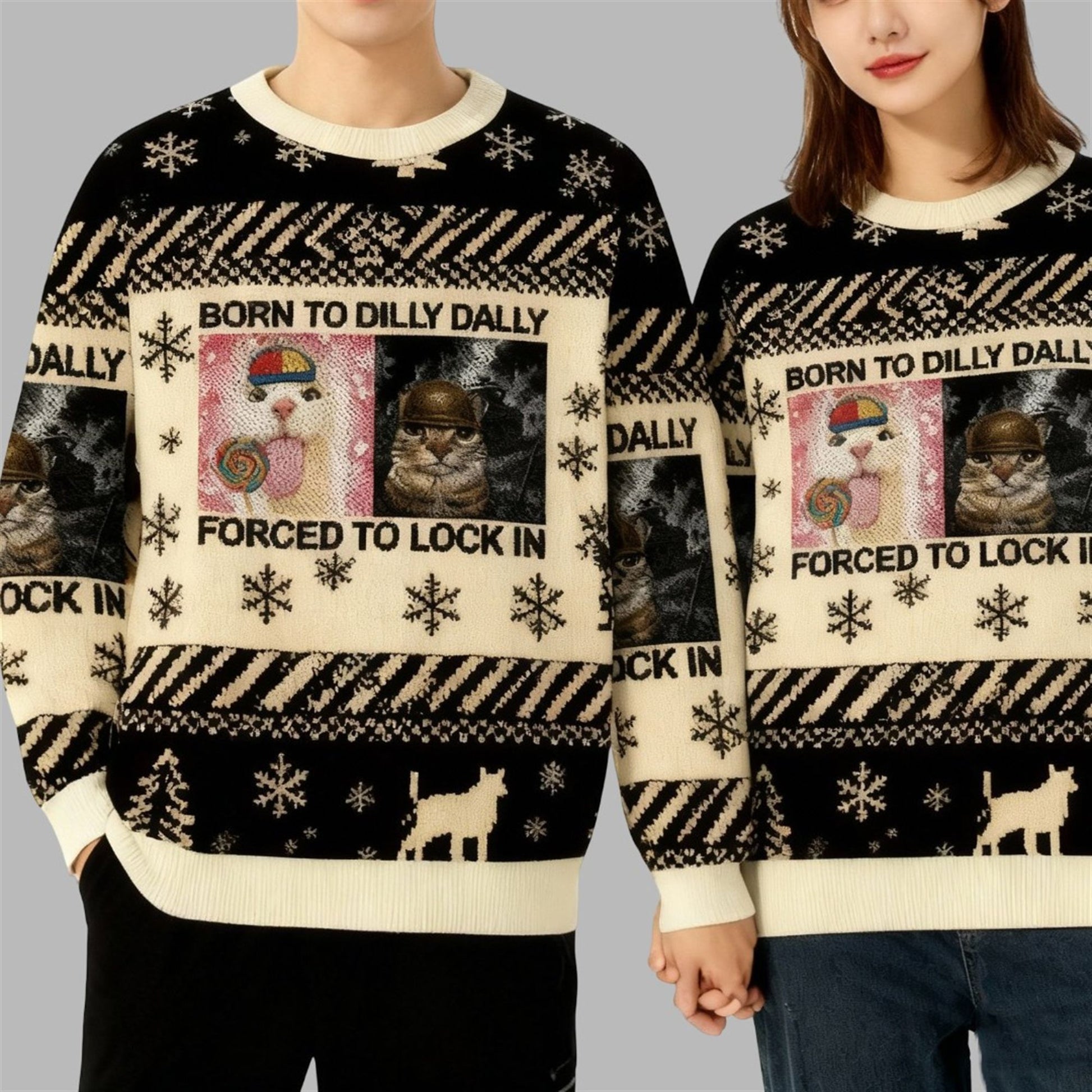 2026 Christmas Born to Dilly Dally Funny Cat Meme Ugly Sweater - Moonbestprint