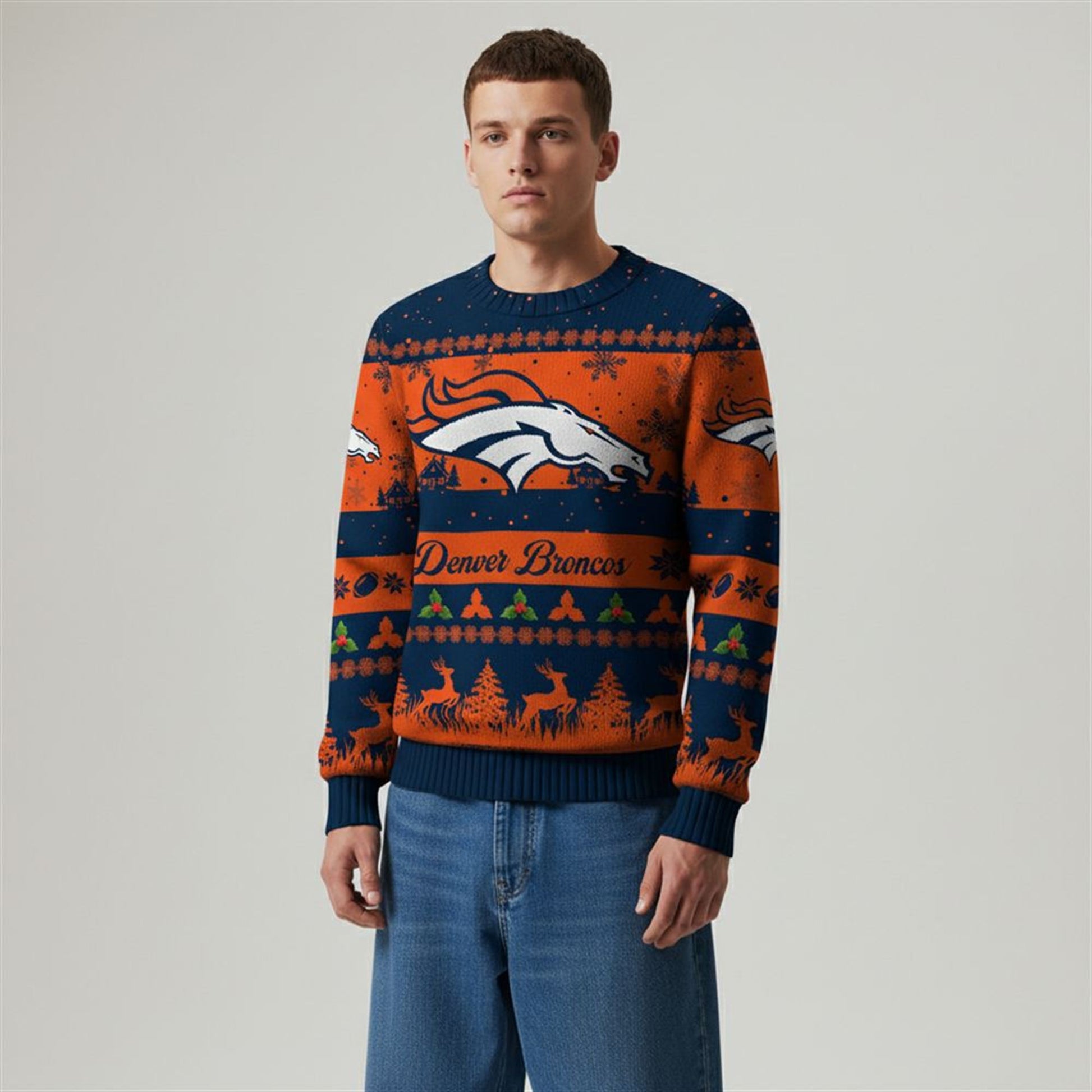 2026 Christmas Broncos Festive Reindeer Tree Ugly Sweater - Moonbestprint