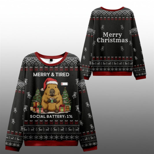 2026 Christmas Capybara Social Battery Ugly Sweater - Moonbestprint