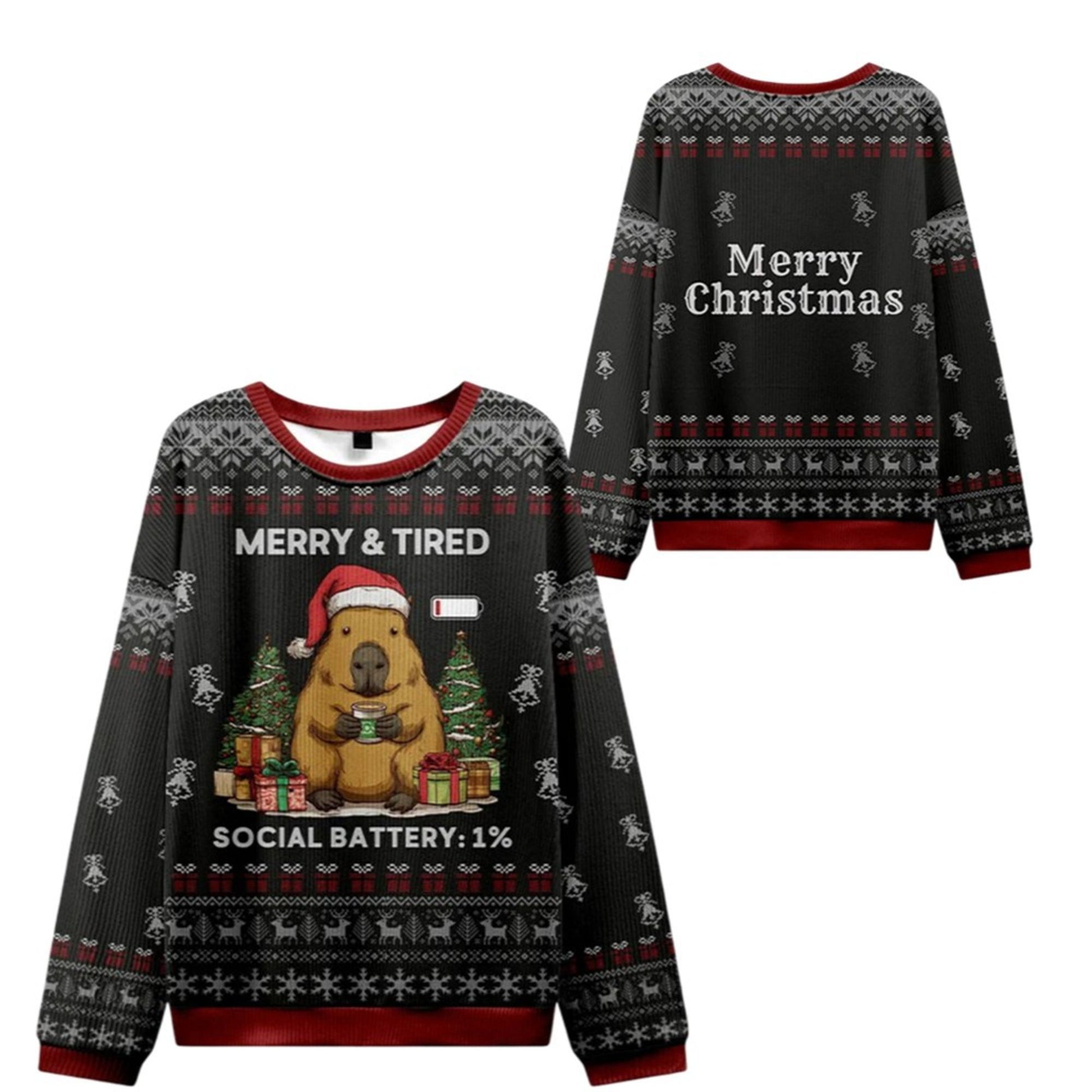 2026 Christmas Capybara Social Battery Ugly Sweater - Moonbestprint