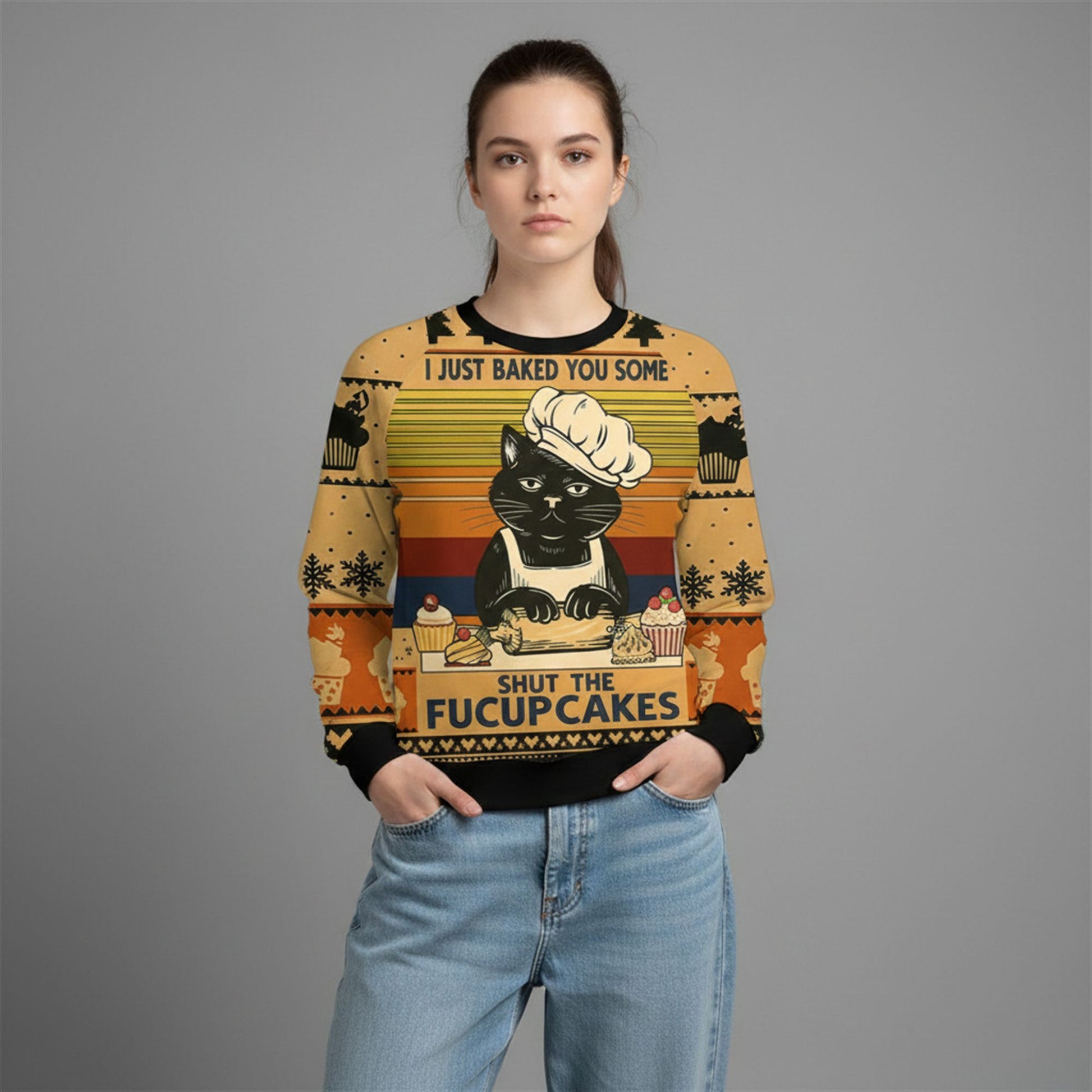 2026 Christmas Cat Baking Shut The Fucup Cakes Ugly Sweater - Moonbestprint