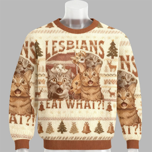2026 Christmas Cat Lesbians Eat What Ugly Sweater - Moonbestprint