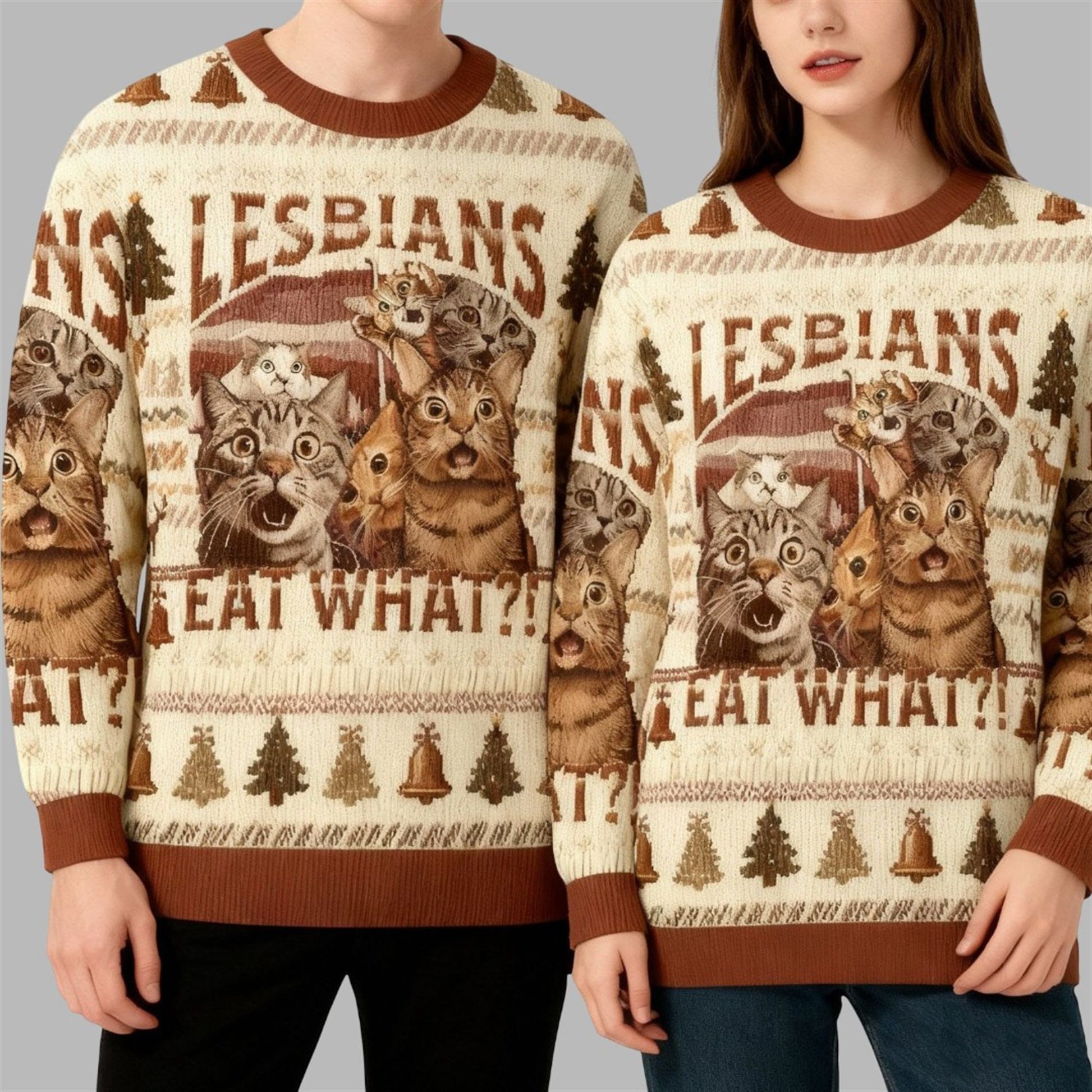 2026 Christmas Cat Lesbians Eat What Ugly Sweater - Moonbestprint