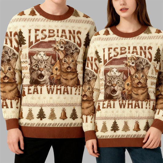 2026 Christmas Cat Lesbians Eat What Ugly Sweater - Moonbestprint