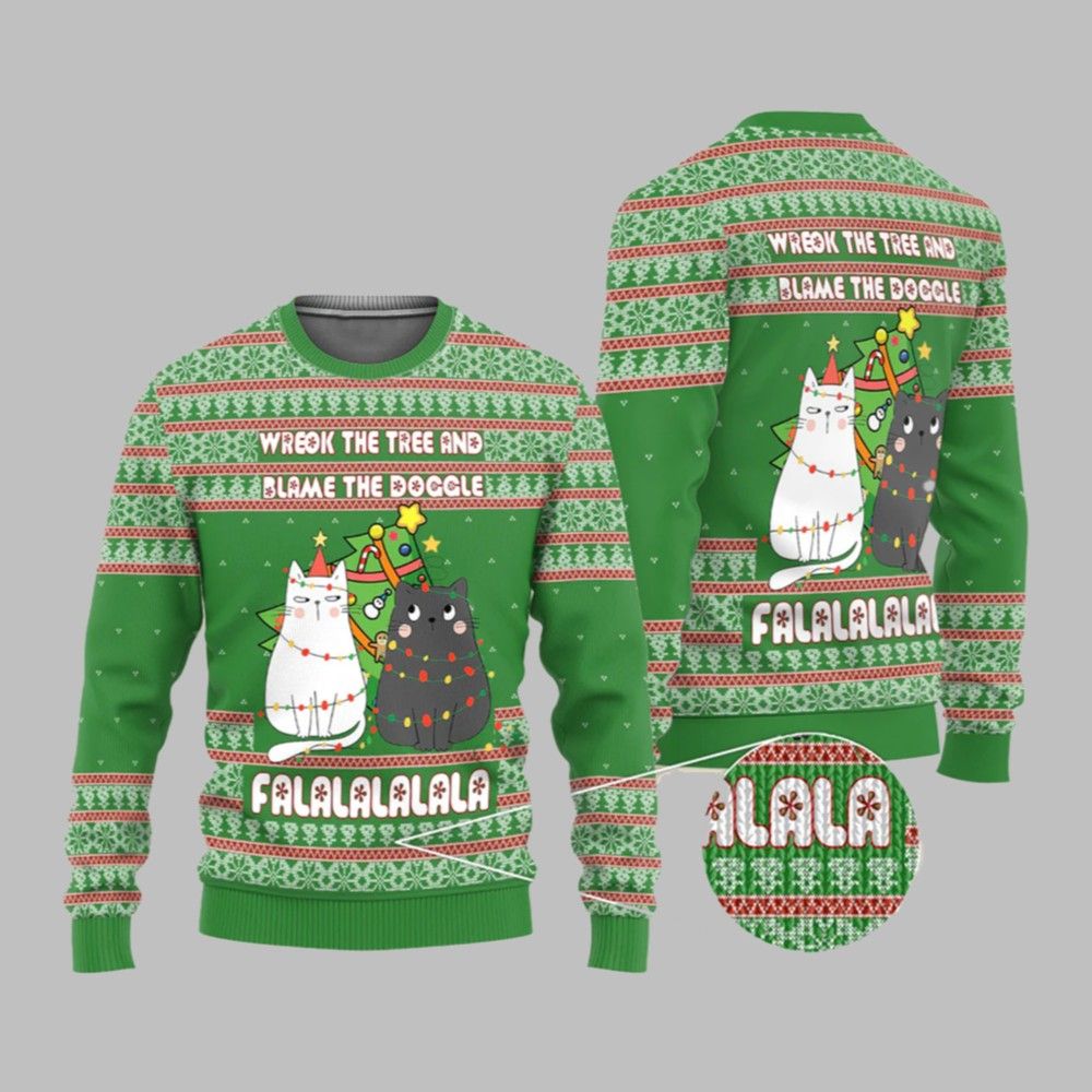 2026 Christmas Cat Wreck The Tree And Blame The Doggle Ugly Christmas Sweater - Moonbestprint