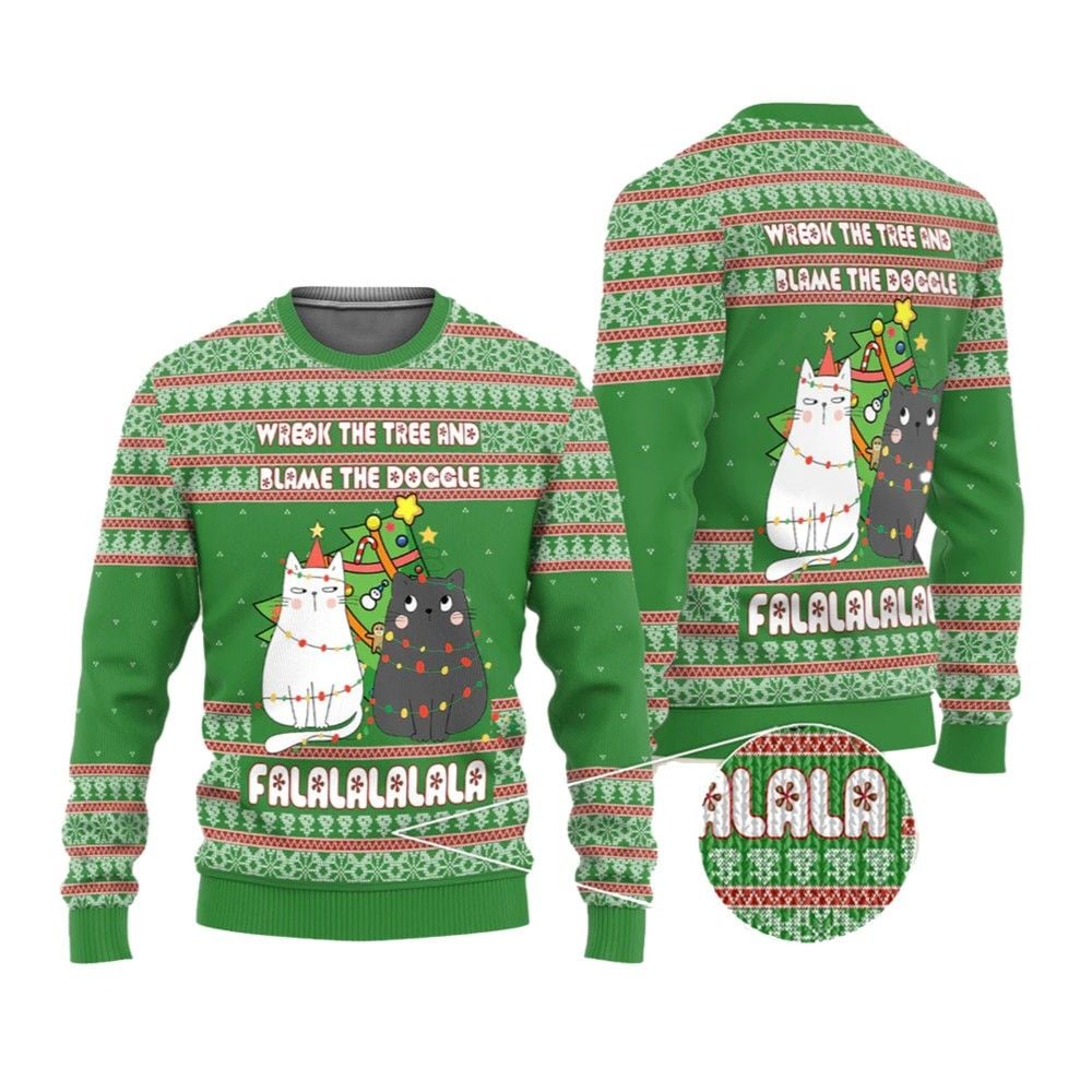 2026 Christmas Cat Wreck The Tree And Blame The Doggle Ugly Christmas Sweater - Moonbestprint