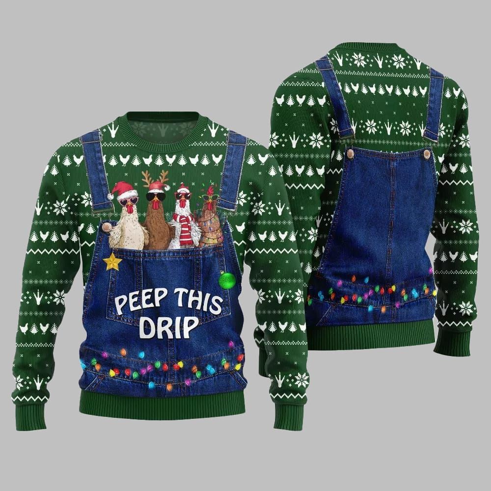 2026 Christmas Chicken Peep This Drip Ugly Christmas Sweater - Moonbestprint