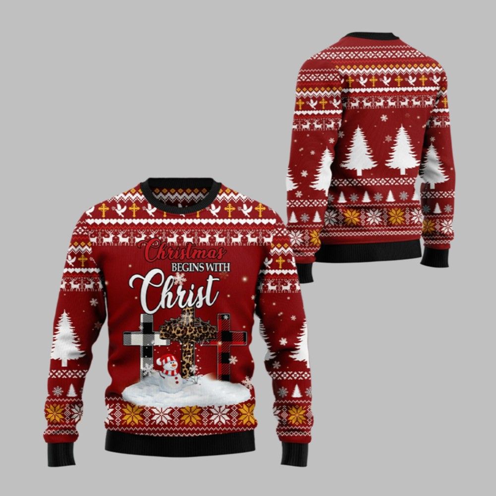 2026 Christmas Christian Begins With Christ Ugly Christmas Sweater - Moonbestprint