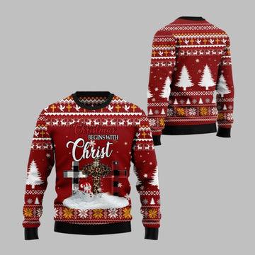 2026 Christmas Christian Begins With Christ Ugly Christmas Sweater - Moonbestprint