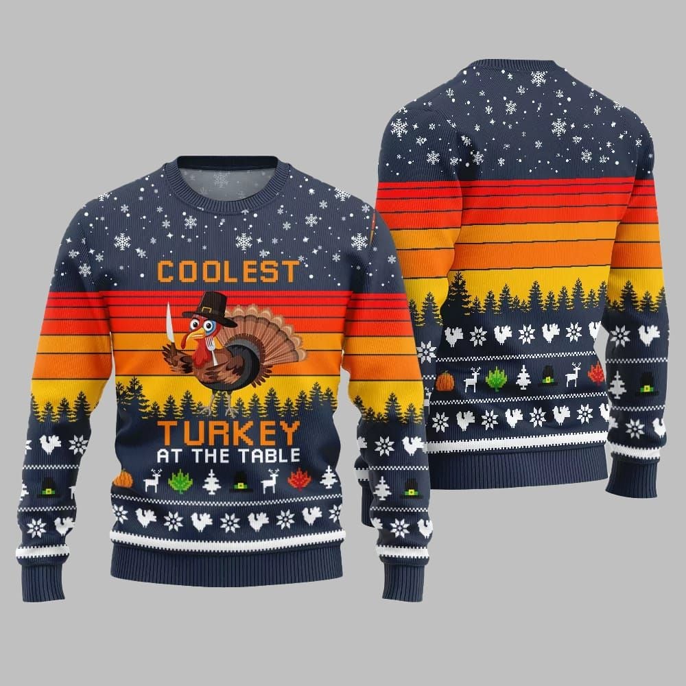 2026 Christmas Coolest Turkey At The Table Ugly Christmas Sweater - Moonbestprint