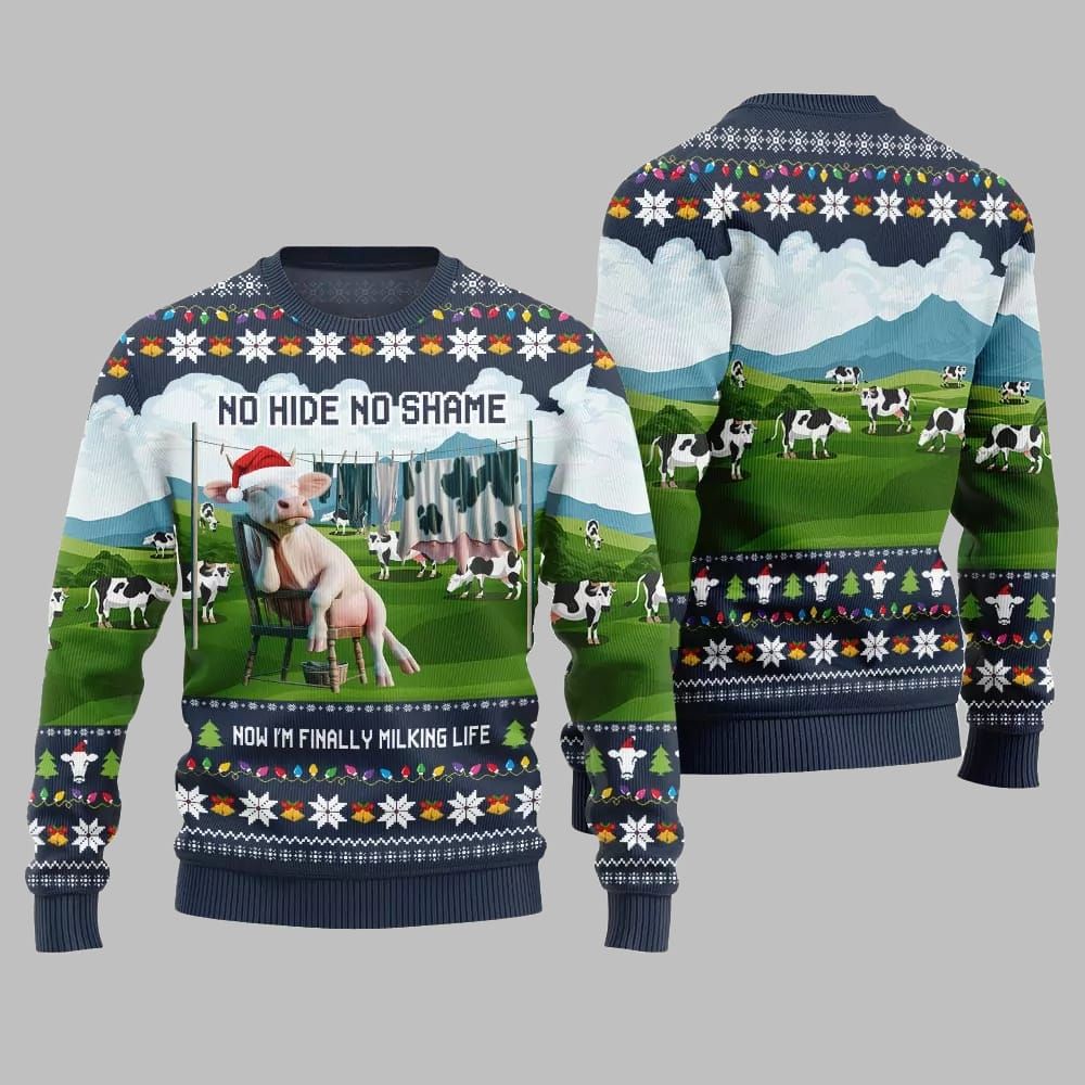 2026 Christmas Cow No Hide No Shame Now I'm Finally Miling Life Ugly Christmas Sweater - Moonbestprint
