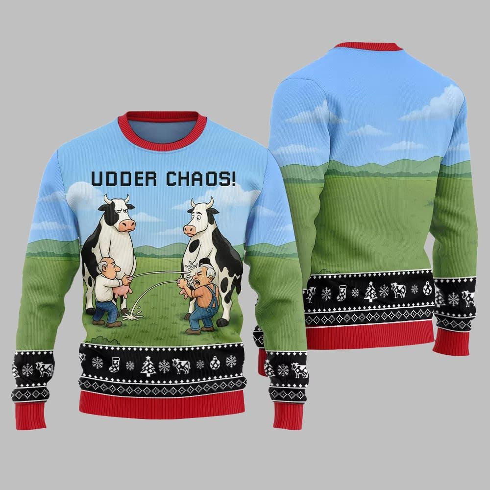 2026 Christmas Cow Udder Chaos Ugly Christmas Sweater - Moonbestprint