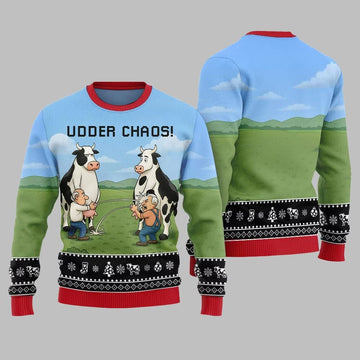 2026 Christmas Cow Udder Chaos Ugly Christmas Sweater - Moonbestprint