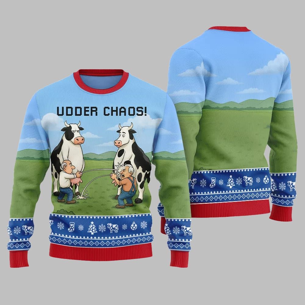 2026 Christmas Cow Udder Chaos Ugly Christmas Sweater - Moonbestprint