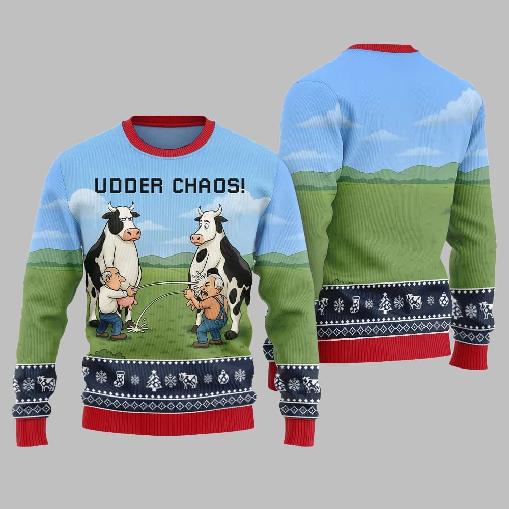 2026 Christmas Cow Udder Chaos Ugly Christmas Sweater - Moonbestprint