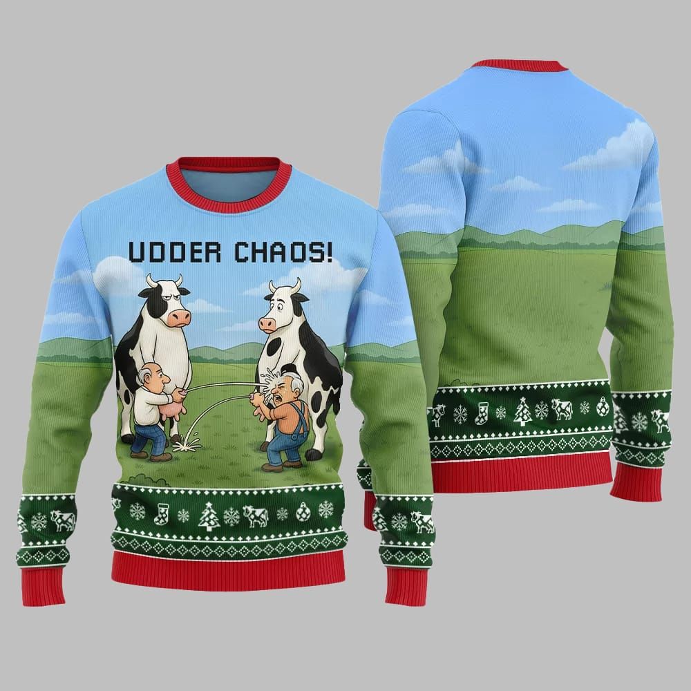 2026 Christmas Cow Udder Chaos Ugly Christmas Sweater - Moonbestprint