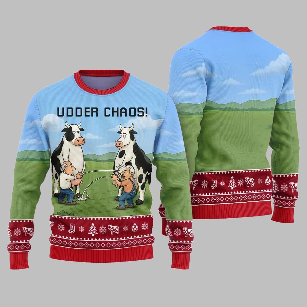 2026 Christmas Cow Udder Chaos Ugly Christmas Sweater - Moonbestprint