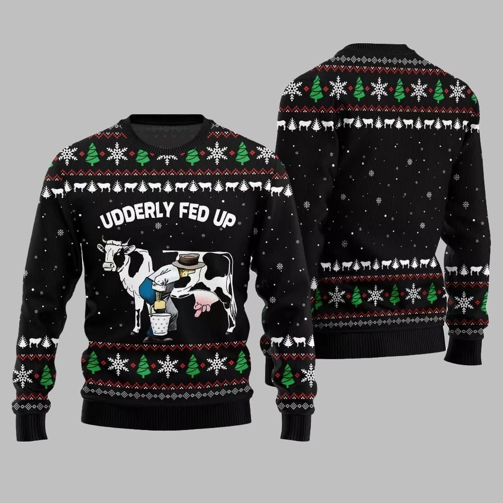 2026 Christmas Cow Udderly Fed Up Ugly Christmas Sweater - Moonbestprint