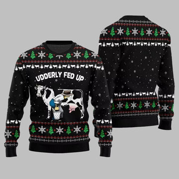 2026 Christmas Cow Udderly Fed Up Ugly Christmas Sweater - Moonbestprint