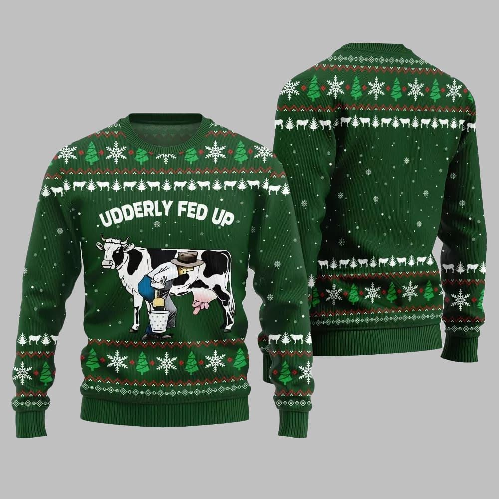 2026 Christmas Cow Udderly Fed Up Ugly Christmas Sweater - Moonbestprint