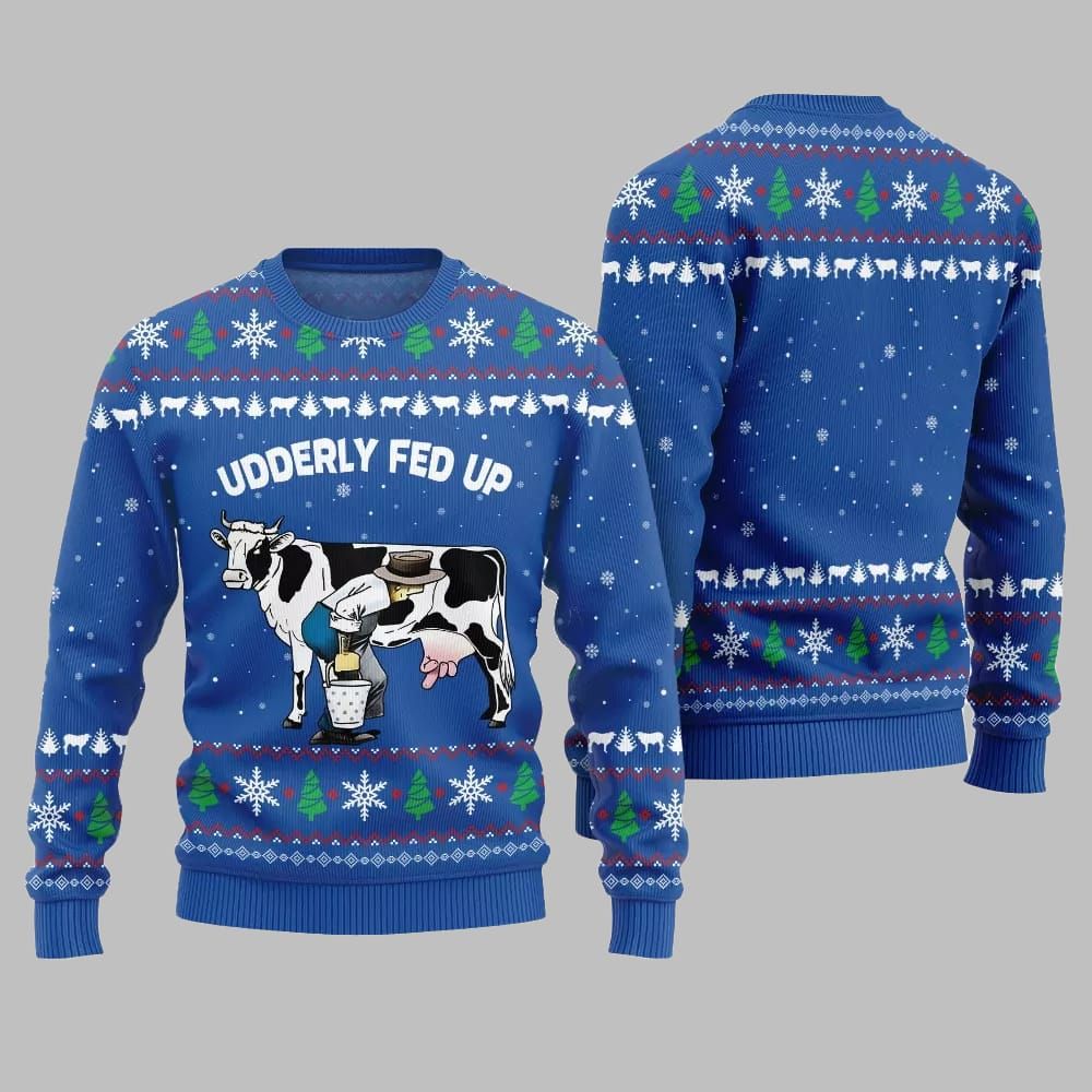 2026 Christmas Cow Udderly Fed Up Ugly Christmas Sweater - Moonbestprint