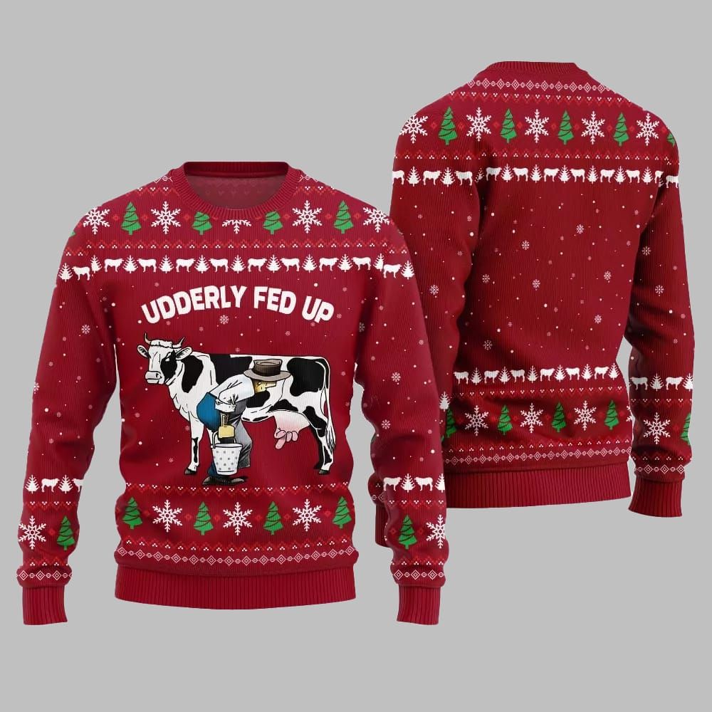 2026 Christmas Cow Udderly Fed Up Ugly Christmas Sweater - Moonbestprint
