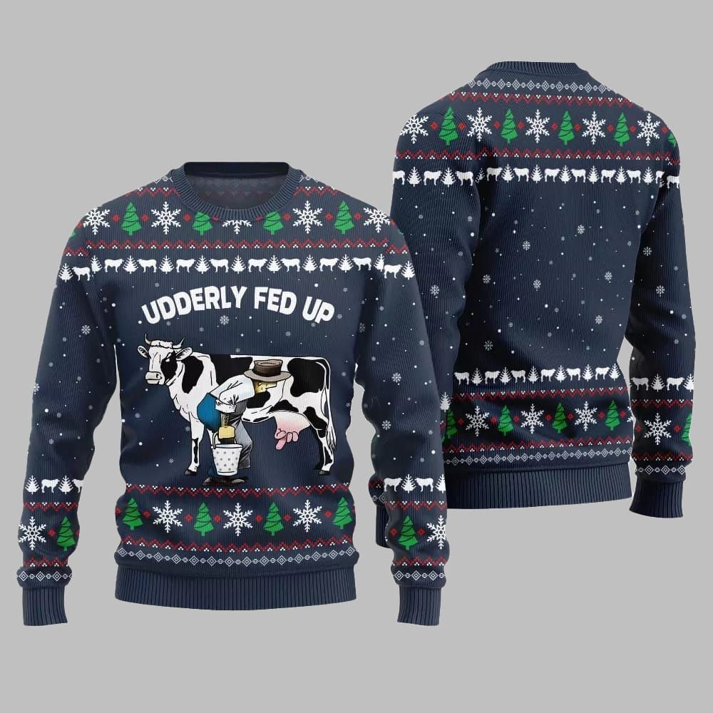 2026 Christmas Cow Udderly Fed Up Ugly Christmas Sweater - Moonbestprint