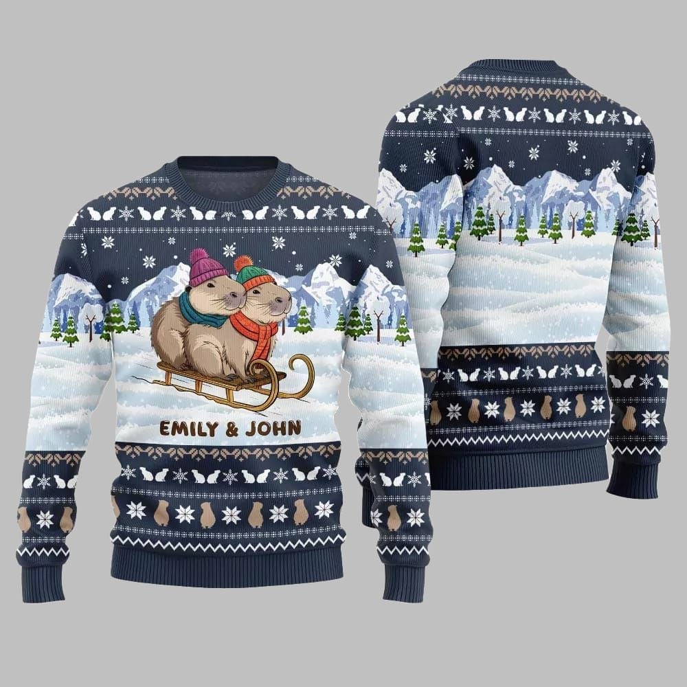2026 Christmas Couple Capybaras Ugly Christmas Sweater - Moonbestprint