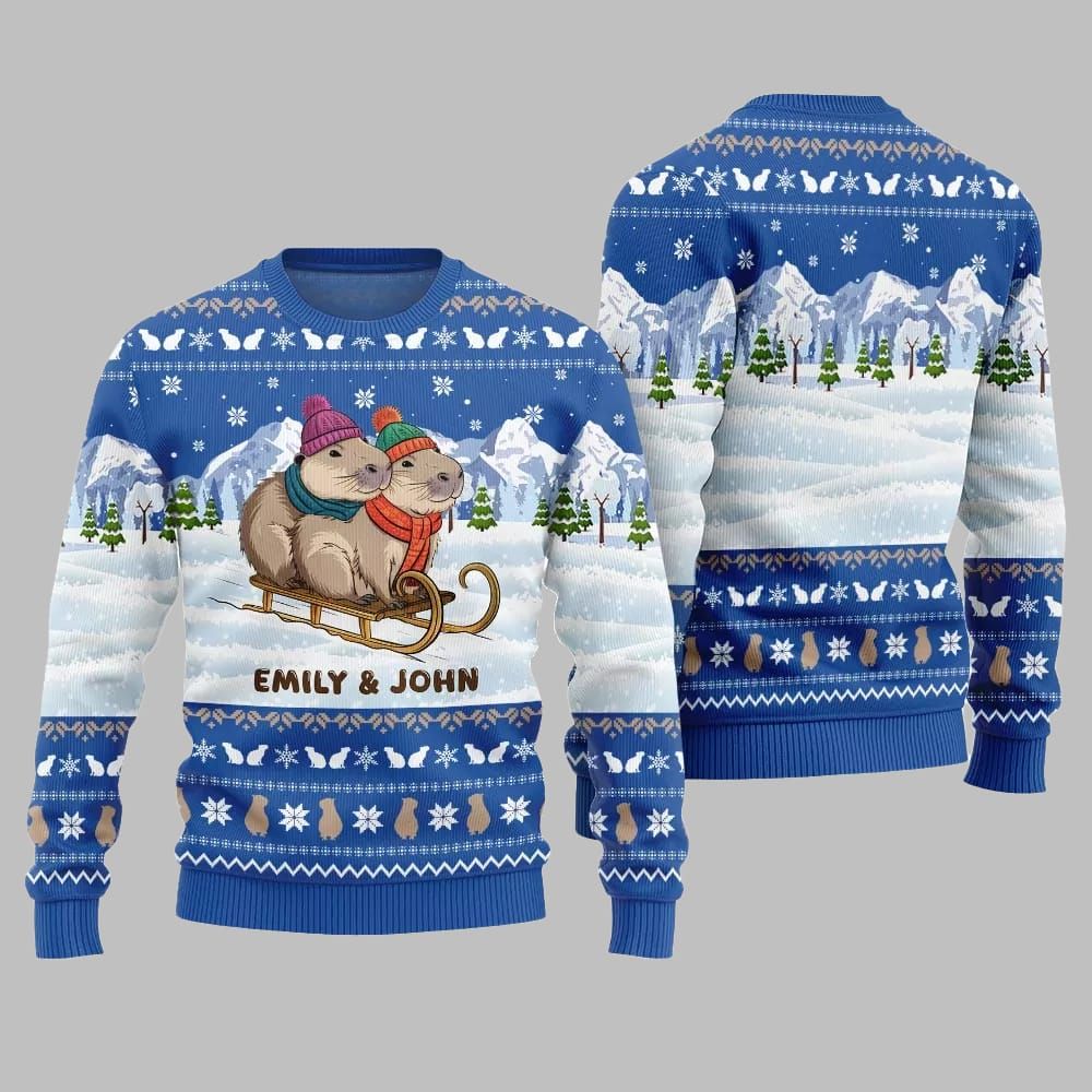 2026 Christmas Couple Capybaras Ugly Christmas Sweater - Moonbestprint