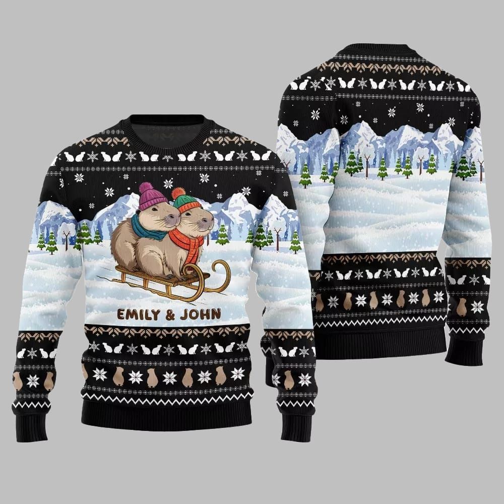 2026 Christmas Couple Capybaras Ugly Christmas Sweater - Moonbestprint