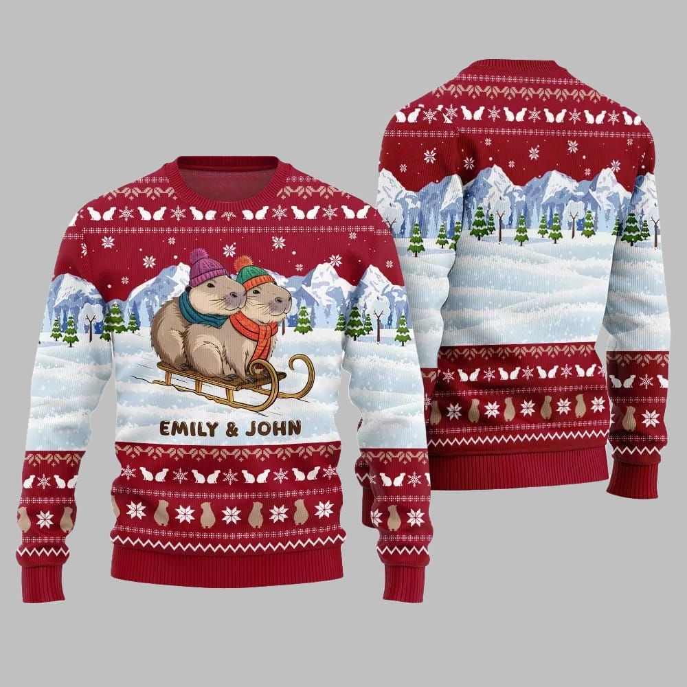 2026 Christmas Couple Capybaras Ugly Christmas Sweater - Moonbestprint