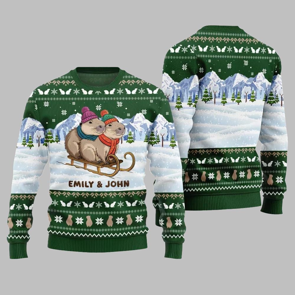 2026 Christmas Couple Capybaras Ugly Christmas Sweater - Moonbestprint