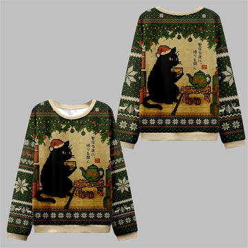 2026 Christmas Cat Drinking Tea Ugly Sweater - Moonbestprint