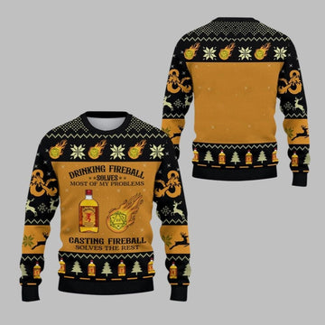 2026 Christmas DND Drinking Fireball Solves Most Of Problems Ugly Sweater - Moonbestprint