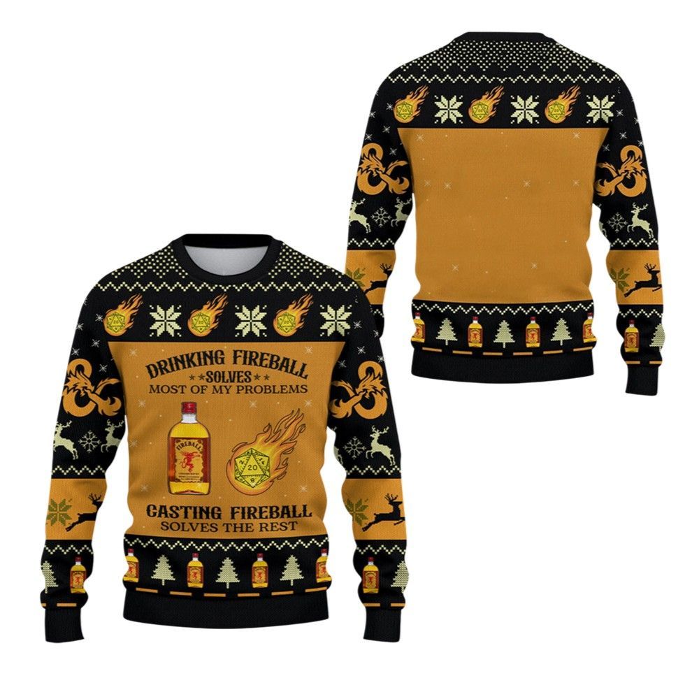 2026 Christmas DND Drinking Fireball Solves Most Of Problems Ugly Sweater - Moonbestprint