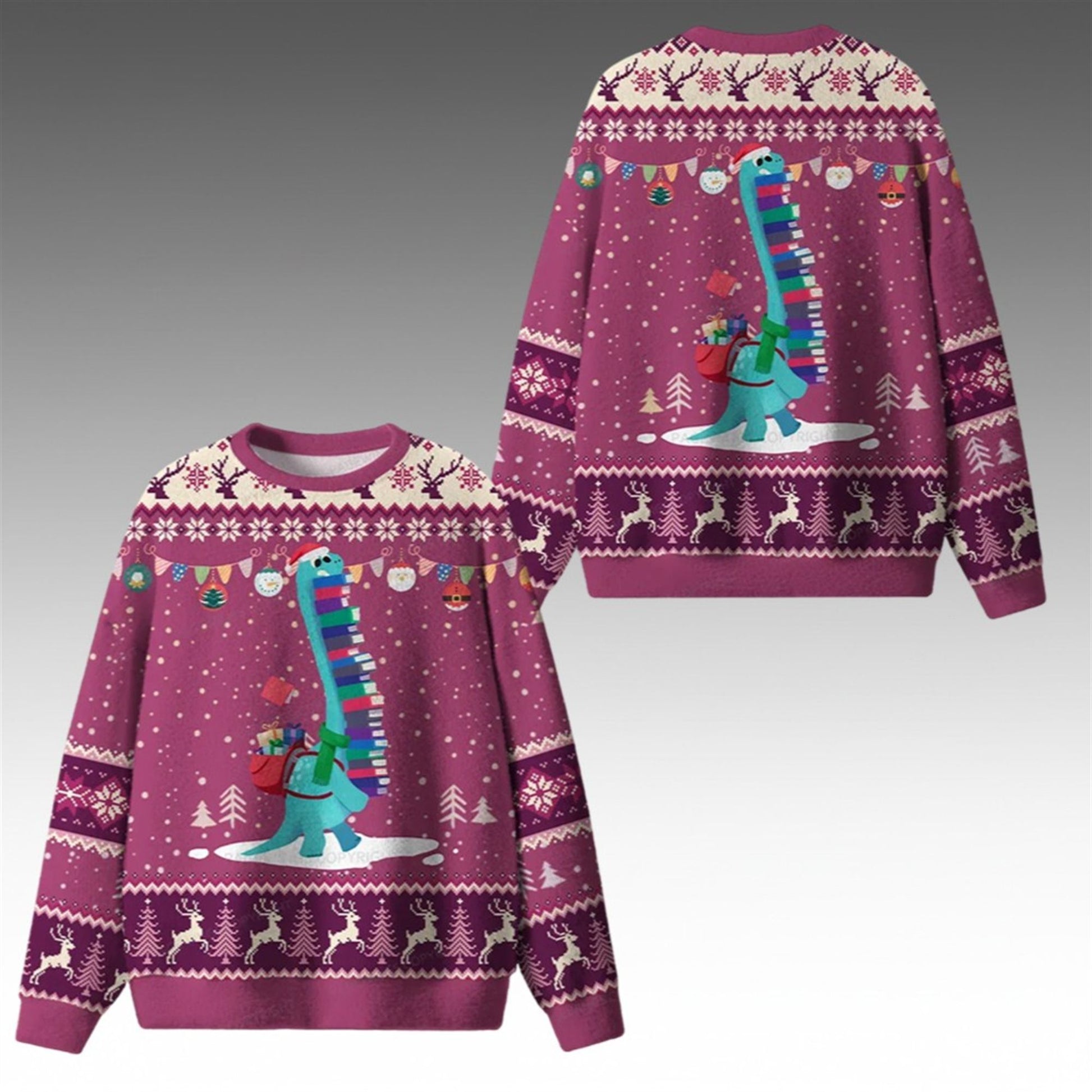 2026 Christmas Dinosaur Books Ugly Sweater - Moonbestprint
