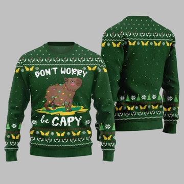 2025 Christmas Dont Worry Be Capy Ugly Christmas Sweater Green – Moonbestprint