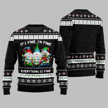 2025 Christmas Everything Is Fine Gnome Ugly Sweater Black – Moonbestprint