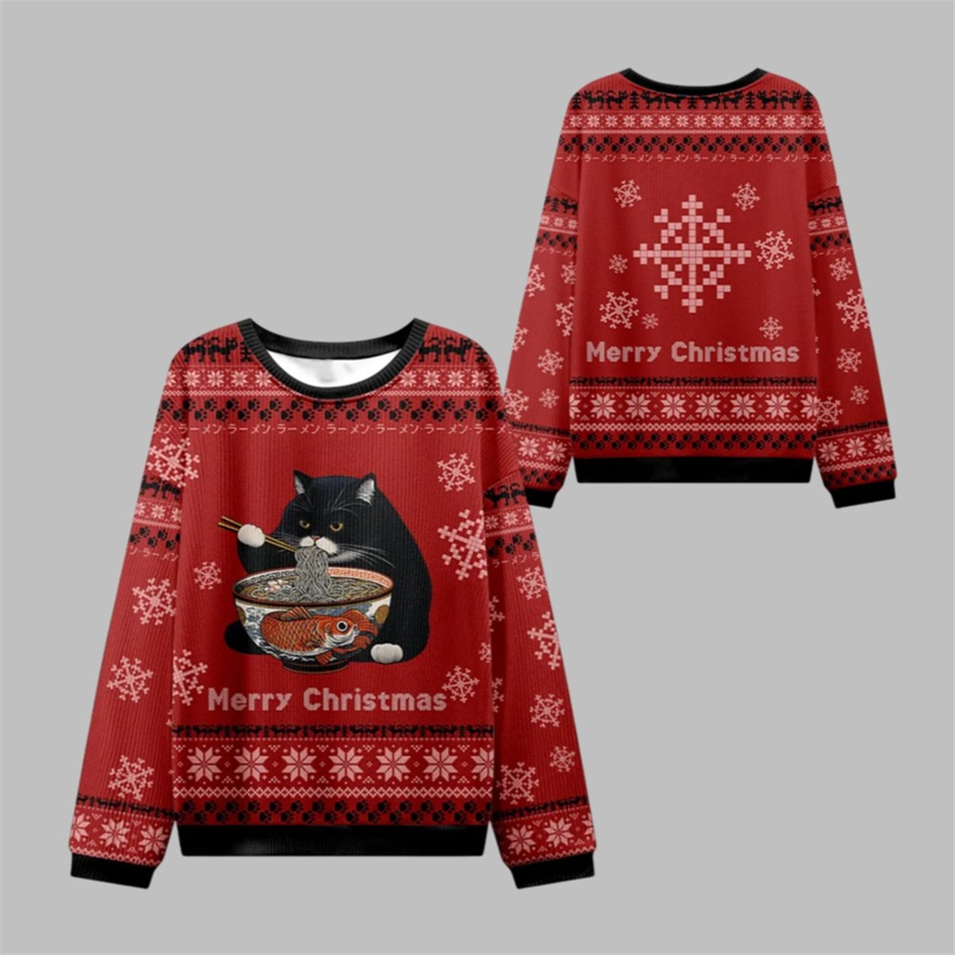 2026 Christmas Fat Cat Eating Ramen Ugly Sweater - Moonbestprint