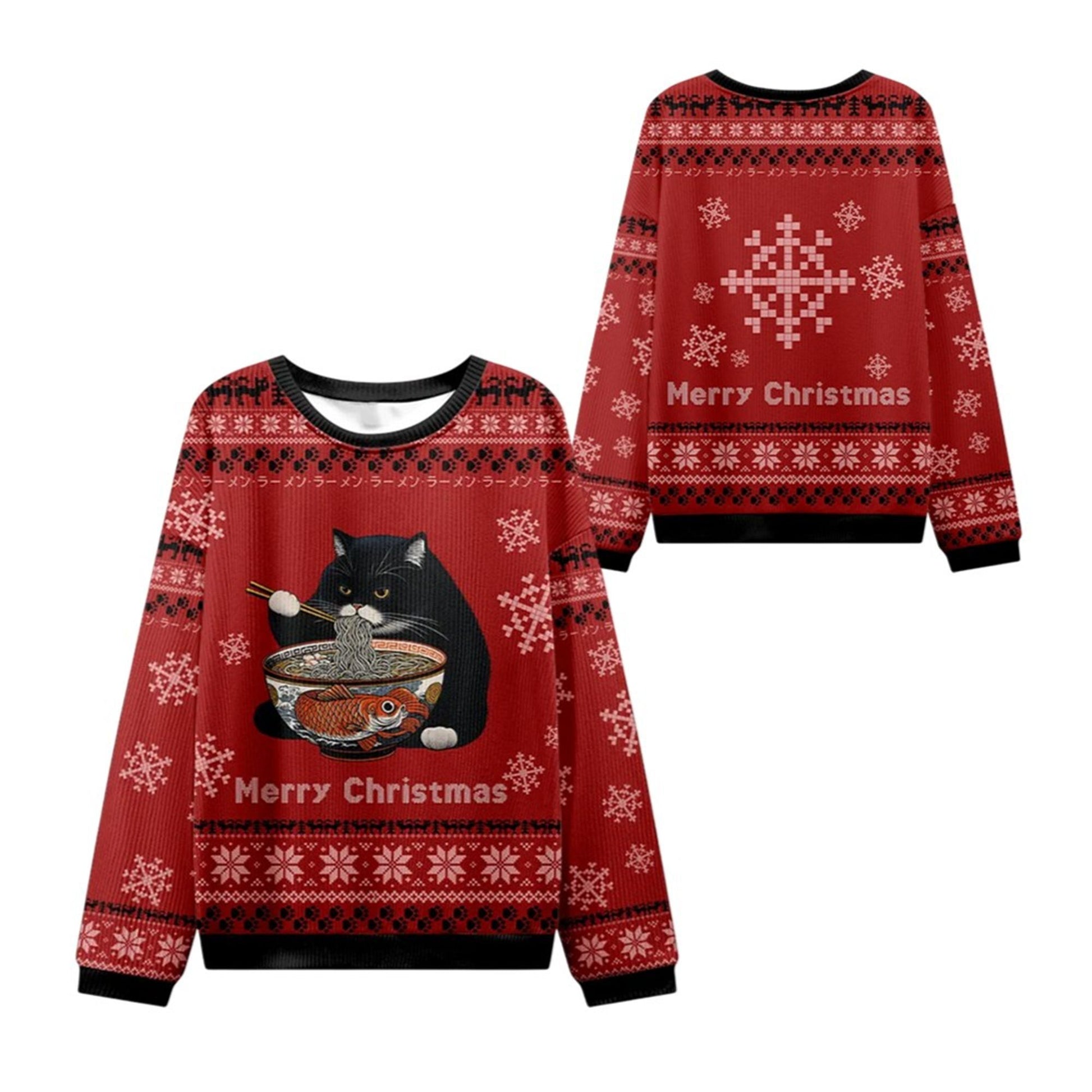 2026 Christmas Fat Cat Eating Ramen Ugly Sweater - Moonbestprint