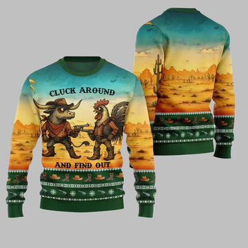 2026 Christmas Fearless Cowboy Cow And Chicken Tree Ugly Christmas Sweater - Moonbestprint