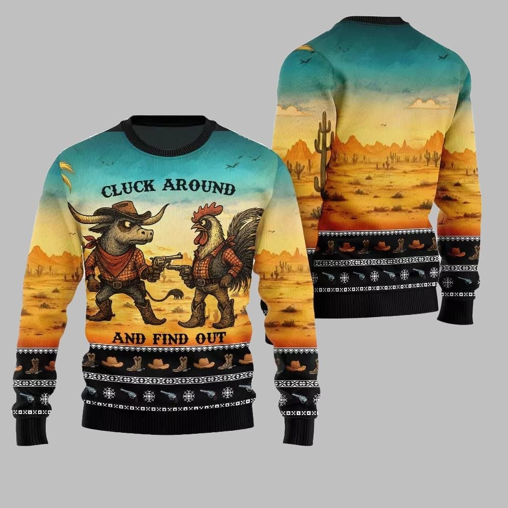 2026 Christmas Fearless Cowboy Cow And Chicken Tree Ugly Christmas Sweater - Moonbestprint
