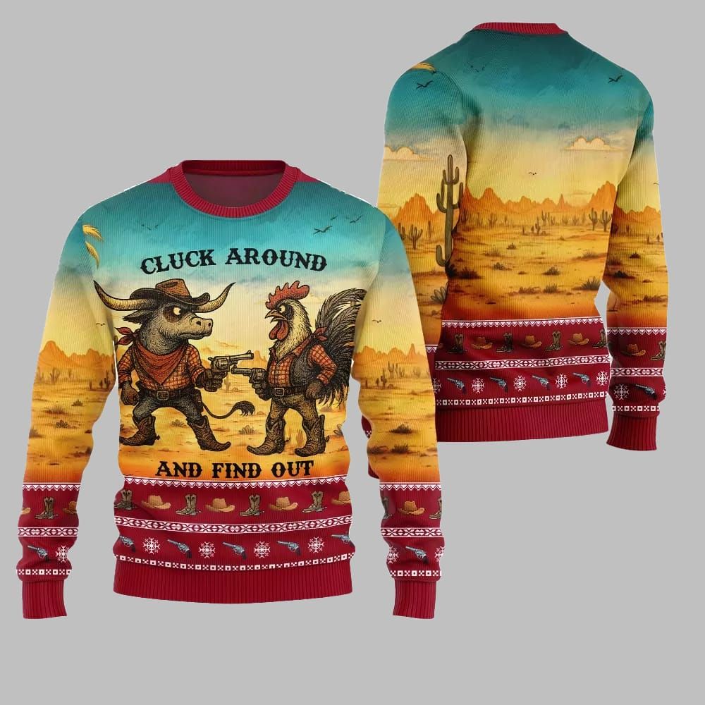 2026 Christmas Fearless Cowboy Cow And Chicken Tree Ugly Christmas Sweater - Moonbestprint