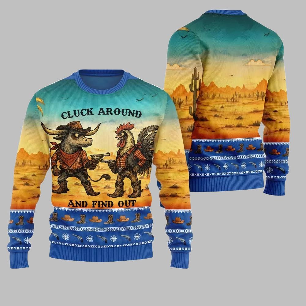 2026 Christmas Fearless Cowboy Cow And Chicken Tree Ugly Christmas Sweater - Moonbestprint
