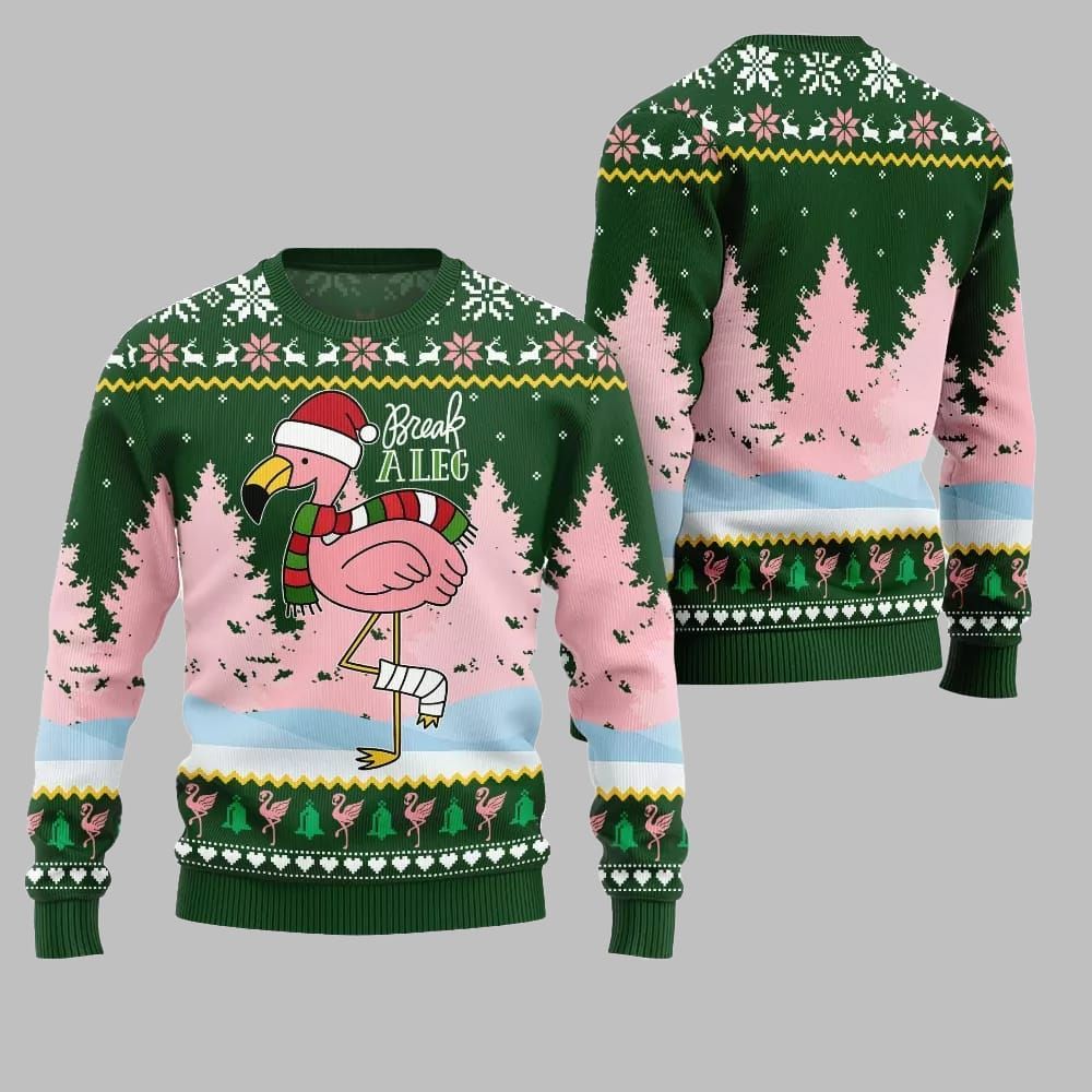 2026 Christmas Flamingo Break A Leg Ugly Christmas Sweater - Moonbestprint