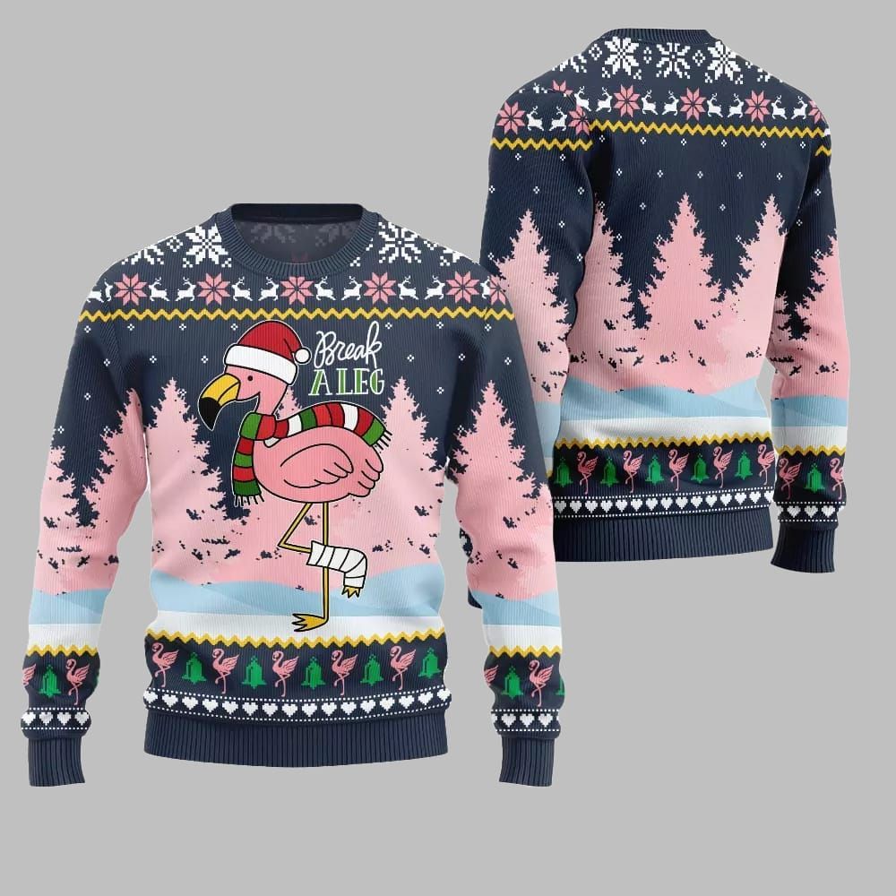2026 Christmas Flamingo Break A Leg Ugly Christmas Sweater - Moonbestprint