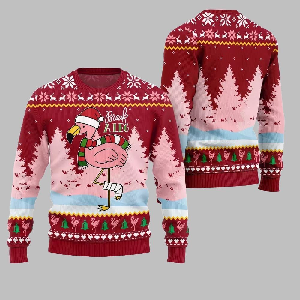 2026 Christmas Flamingo Break A Leg Ugly Christmas Sweater - Moonbestprint