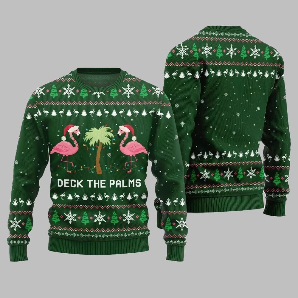 2026 Christmas Flamingo Decking The Palms Ugly Christmas Sweater - Moonbestprint