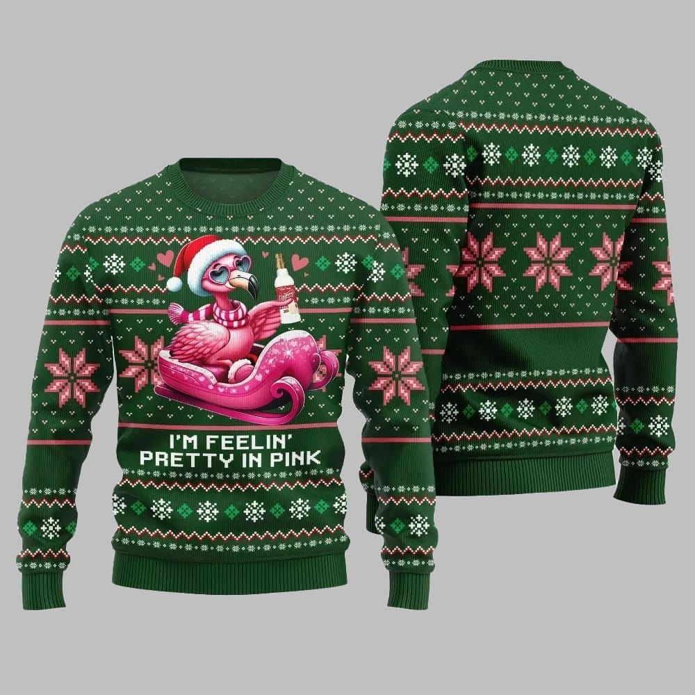 2026 Christmas Flamingo Im Feelin Pretty In Pink Ugly Christmas Sweater - Moonbestprint